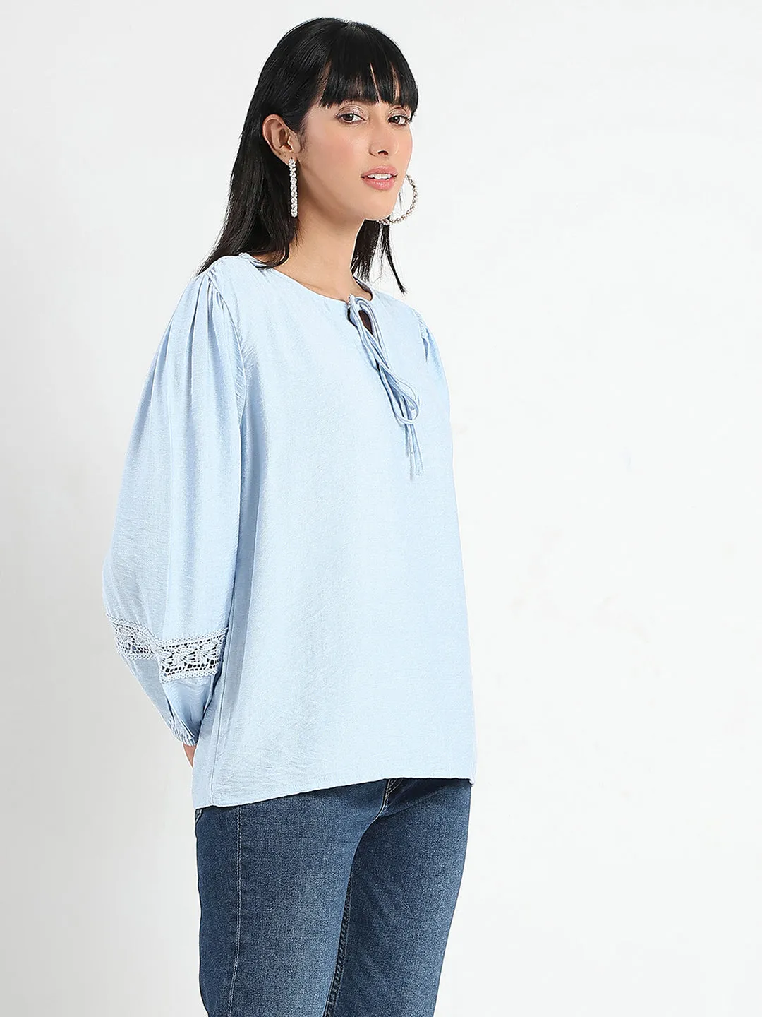 Madame Tie Neck Powder Blue Rayon Blend Top Lightweight Jacket Trendy Fashion