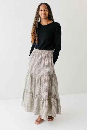 Smart Edge Sleek Style 'Moana' Daisy Gingham Tiered Maxi Skirt in Light Beige