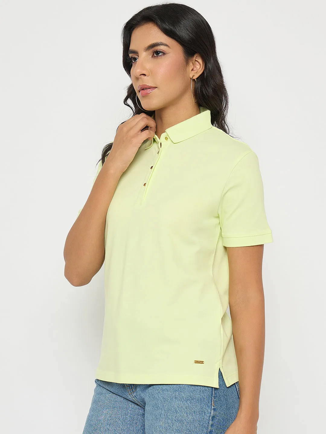 Easy-Going Style Madame Lime Yellow Cotton Blend Polo T-Shirt