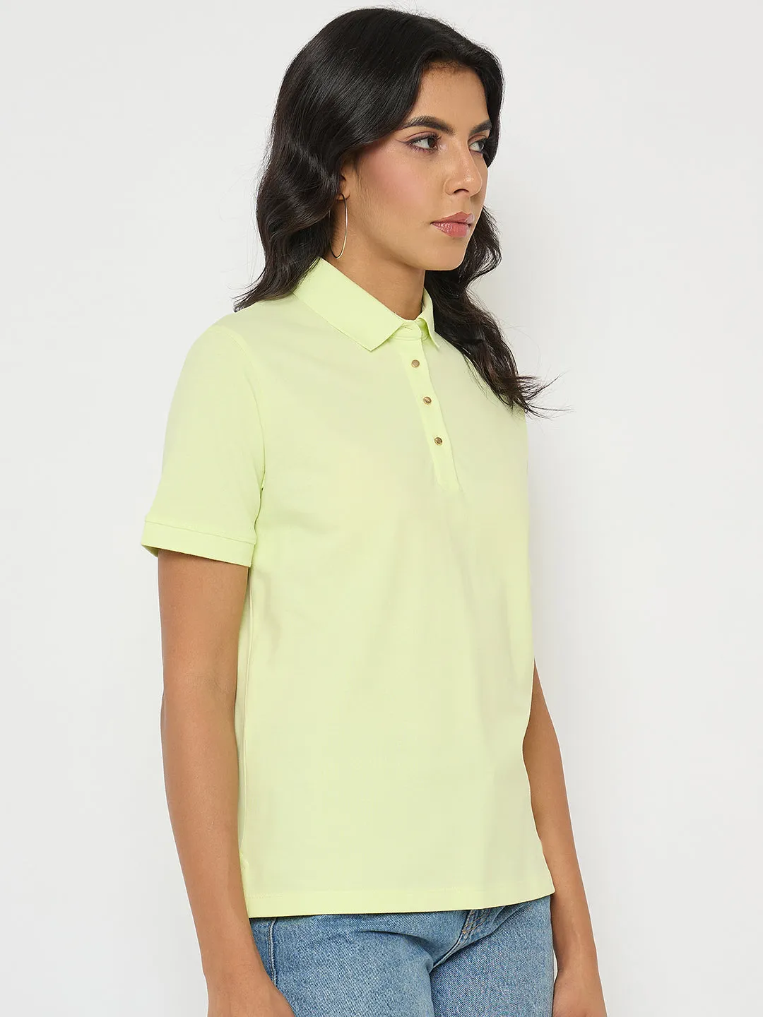 Madame Lime Yellow Cotton Blend Polo T-Shirt All-day Comfort Pilling Resistant Finish