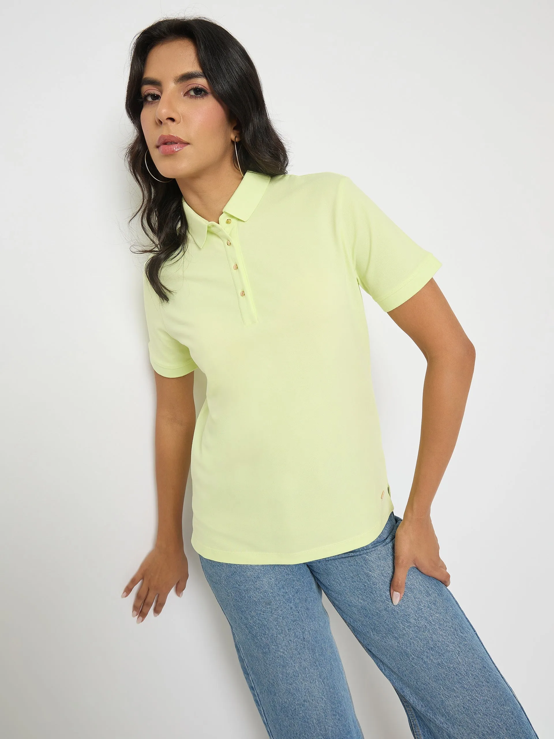 Madame Lime Yellow Cotton Blend Polo T-Shirt HighThreadCount