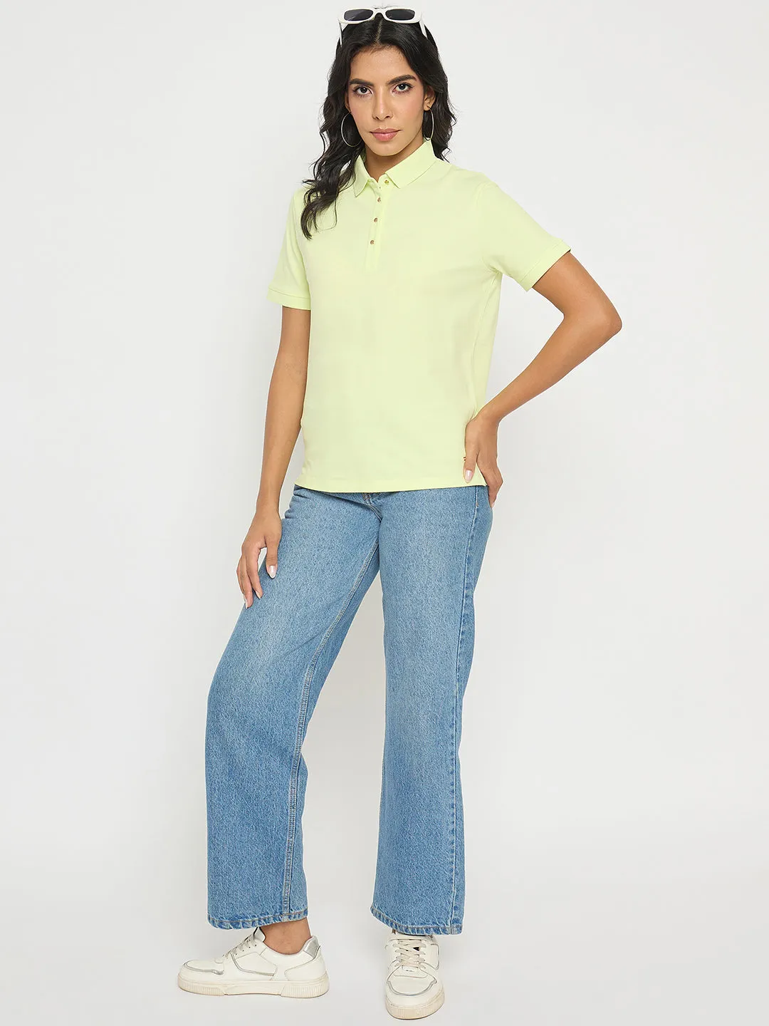 Madame Lime Yellow Cotton Blend Polo T-Shirt Outdoor Fashion Casual Everyday