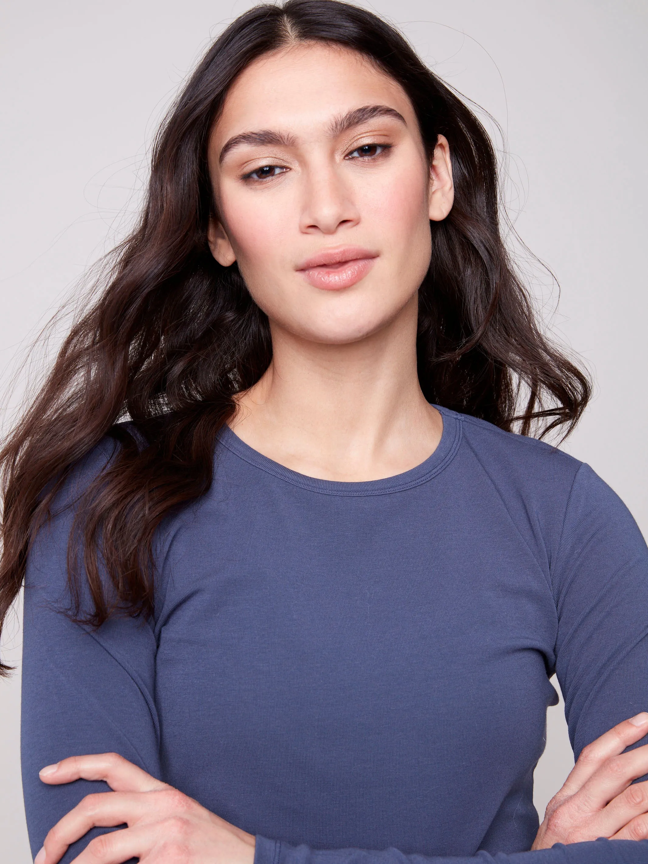 Cotton Blend Long Sleeve Crew Neck Top - Denim Smooth Line Tagless Design