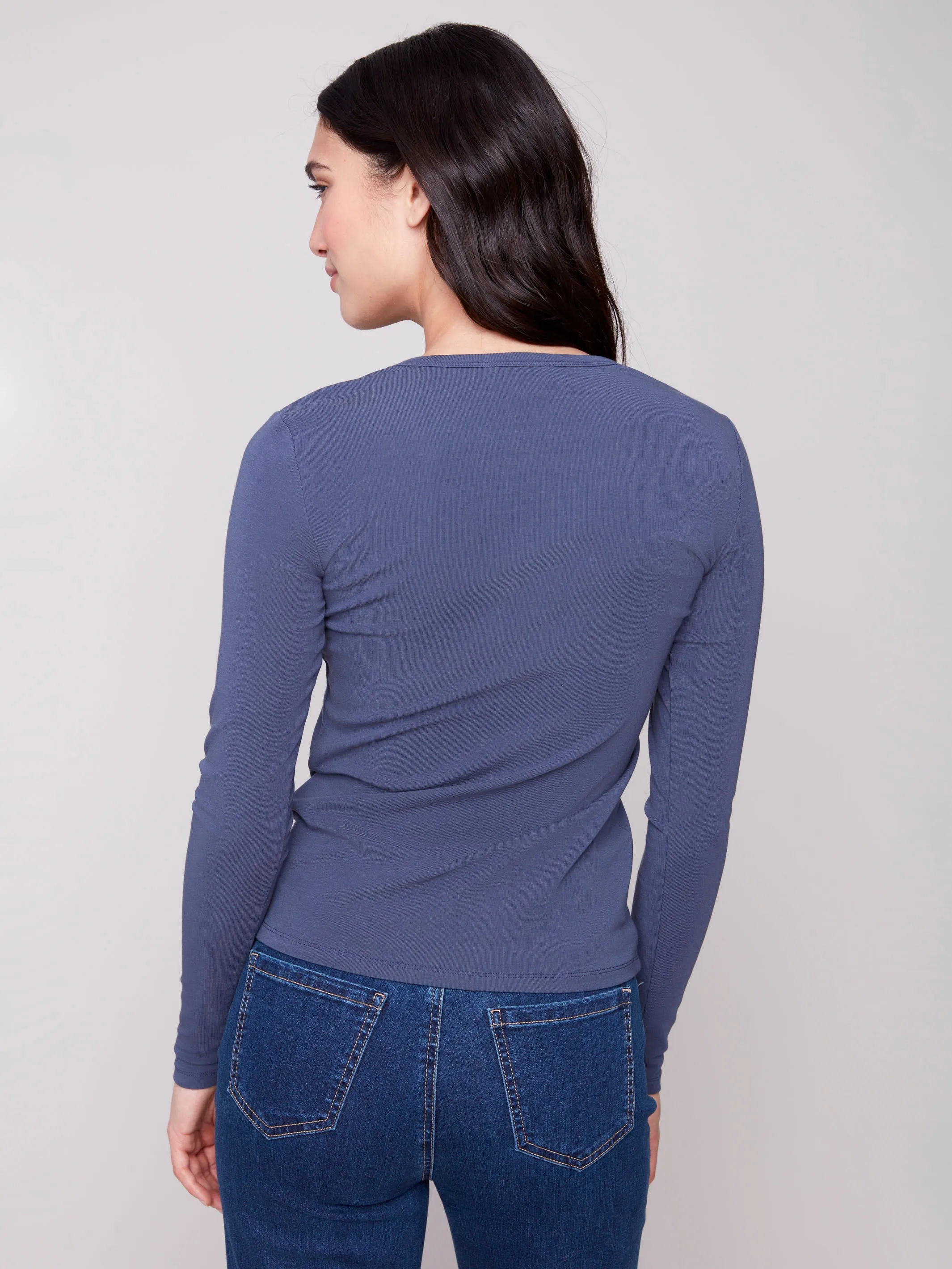 Cotton Blend Long Sleeve Crew Neck Top - Denim Everyday Style AdjustableWaist