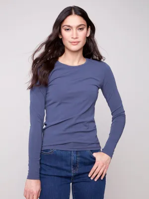 Cotton Blend Long Sleeve Crew Neck Top - Denim Insulated Outerwear Relaxed Fashion