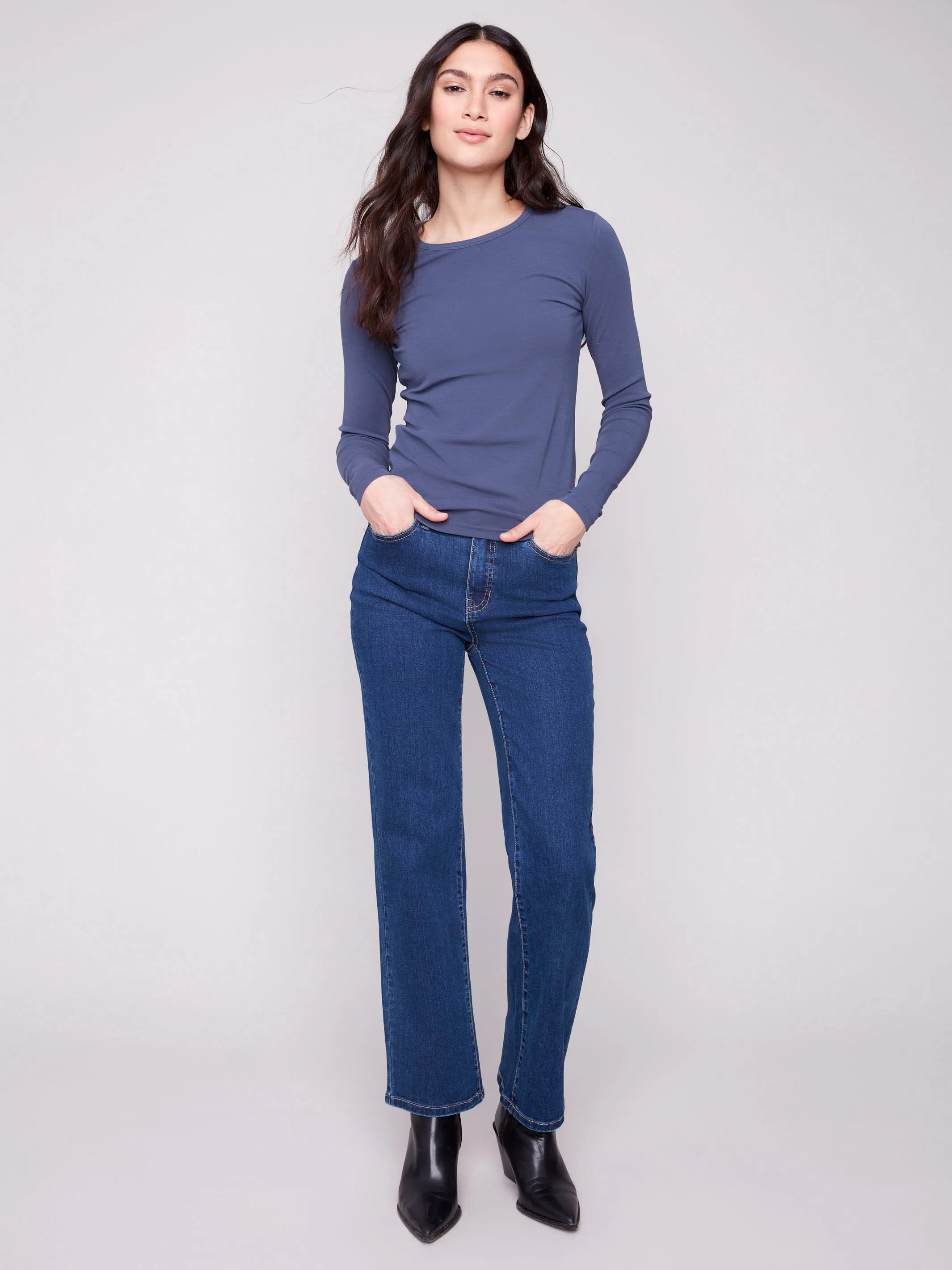 Cotton Blend Long Sleeve Crew Neck Top - Denim OdorResistantClothing