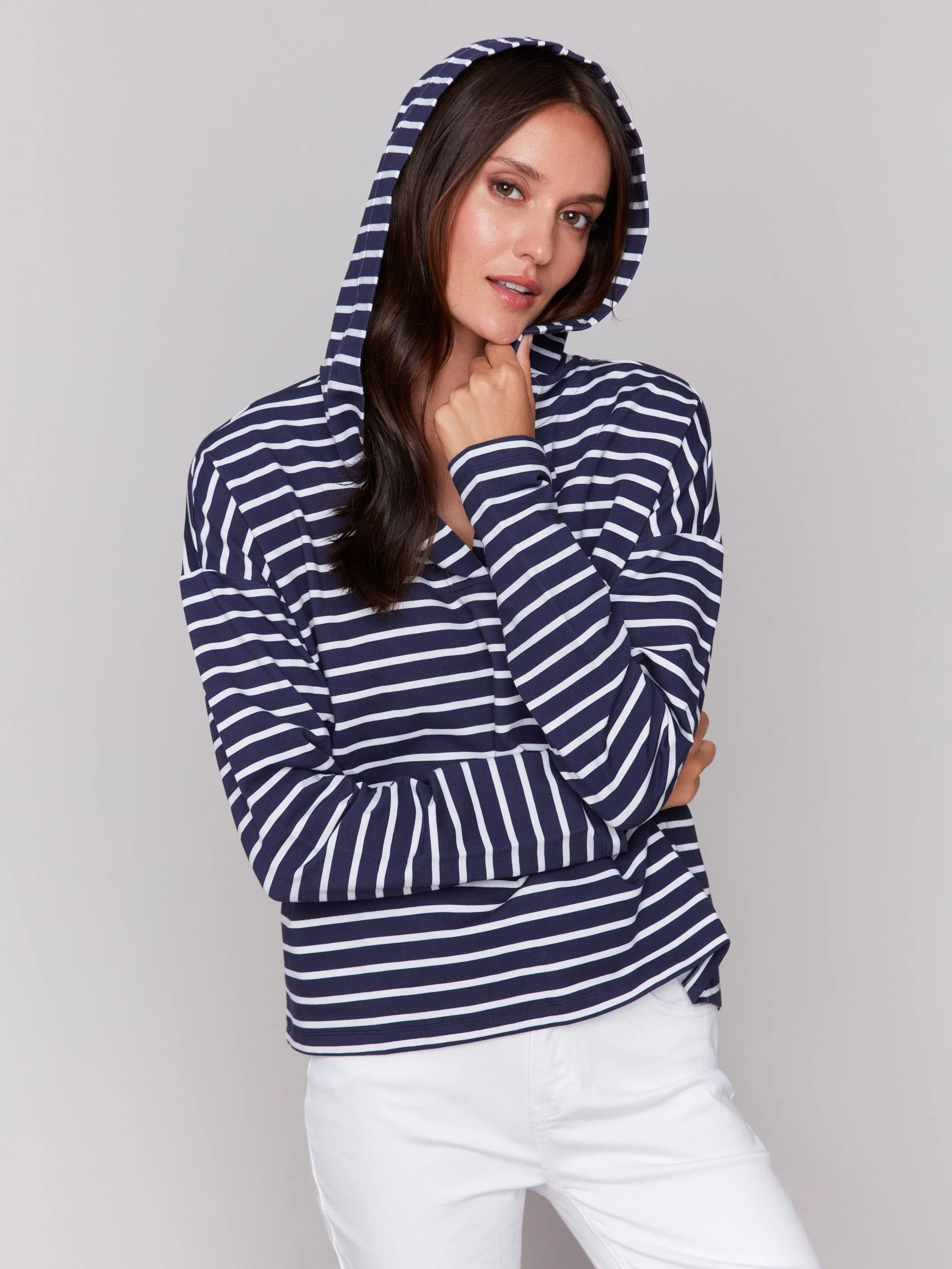 Striped French Terry Hoodie - Navy & White Elegant Wear
