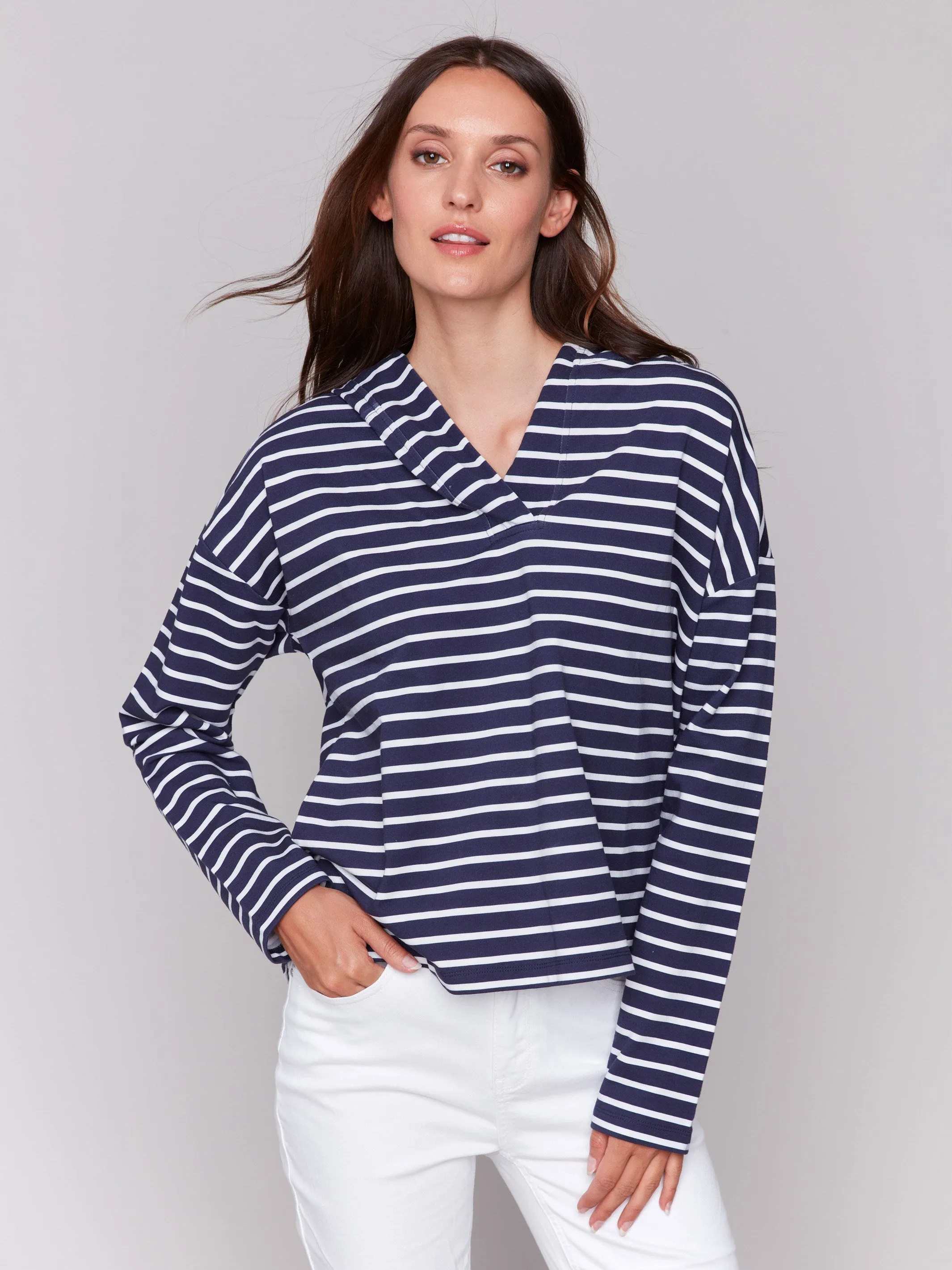 Striped French Terry Hoodie - Navy & White NoIrritationSeams