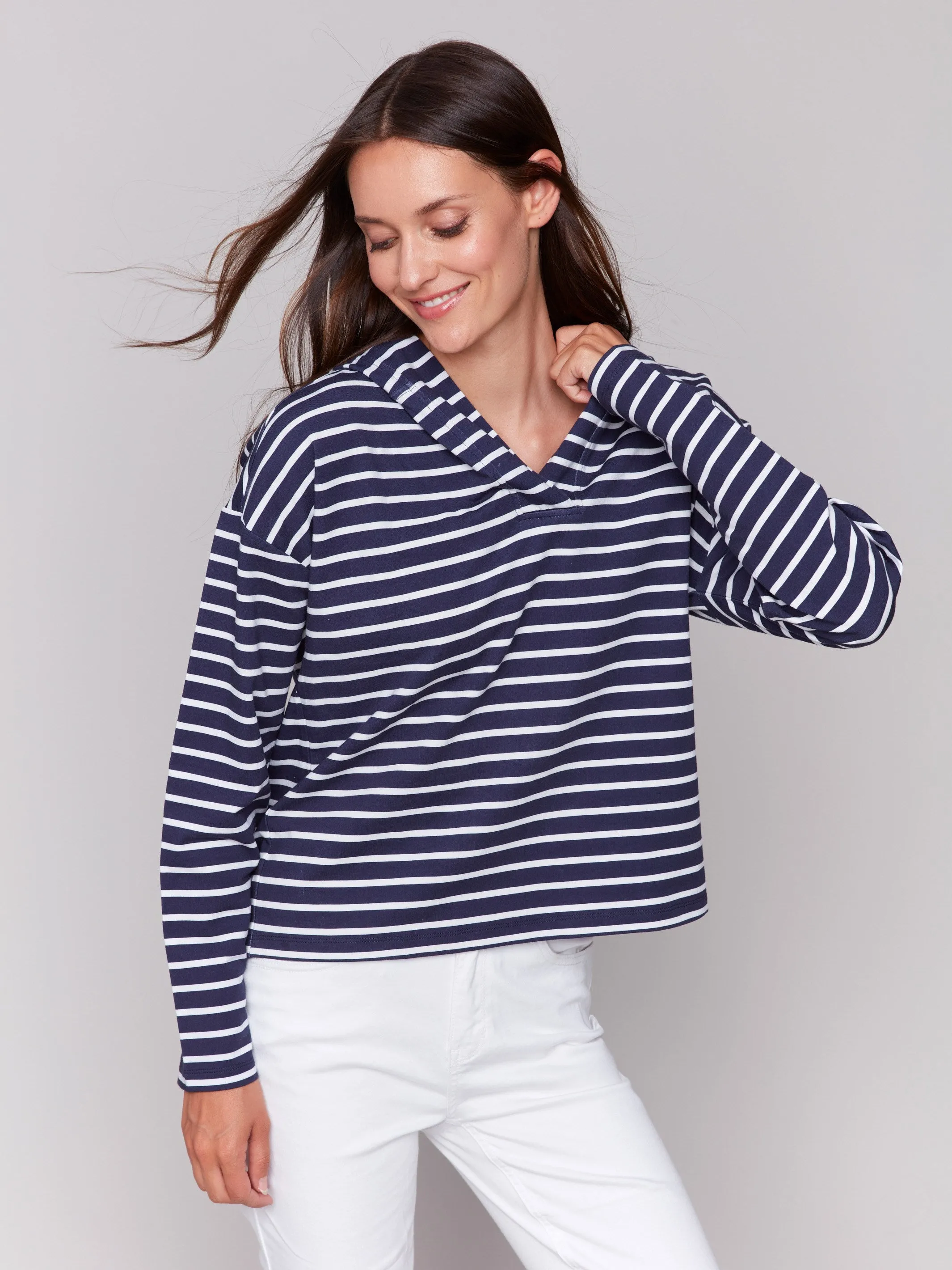 Relaxing Wear Striped French Terry Hoodie - Navy & White