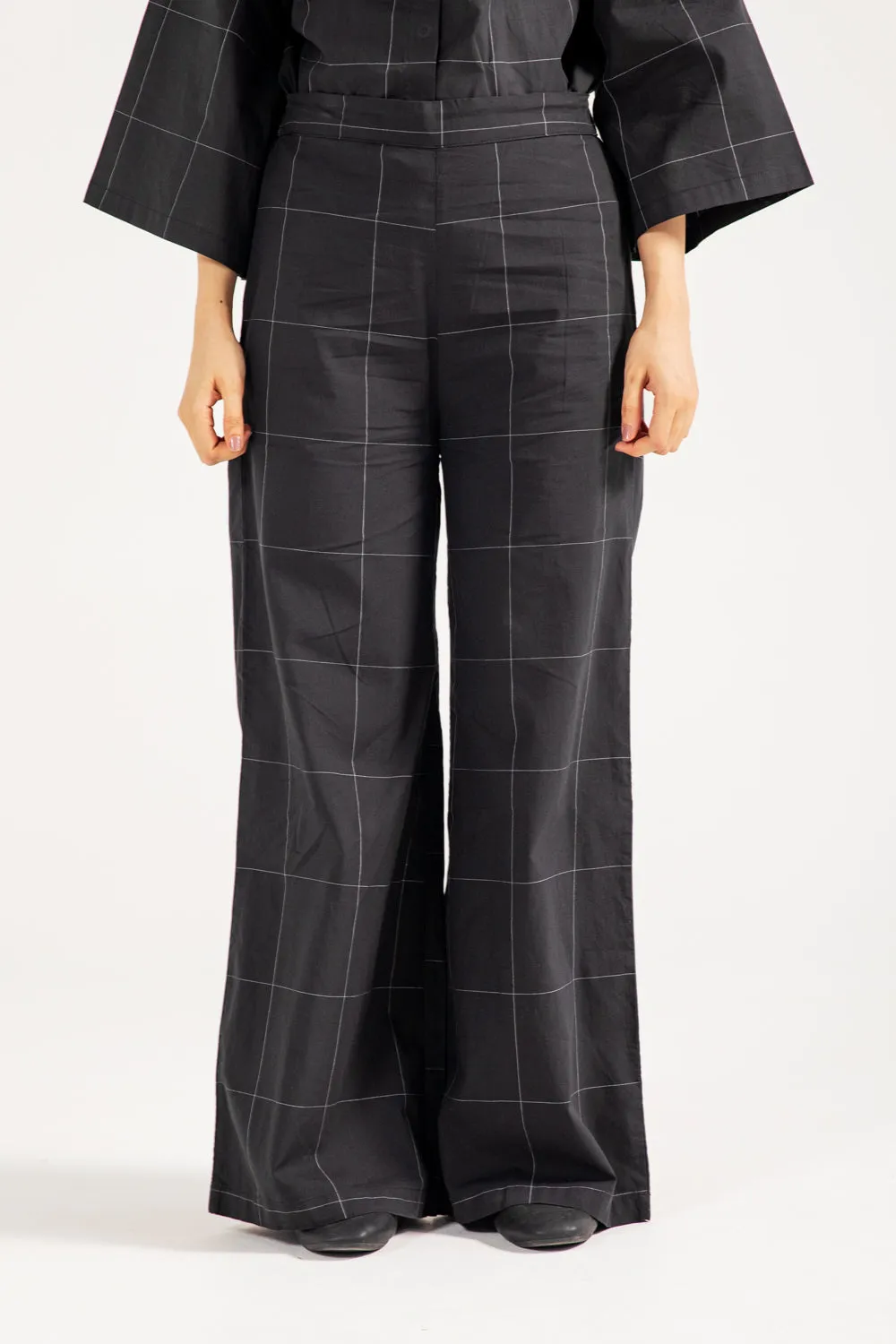 CHECKERED WIDE LEG TROUSERS Durable Hemming Layered Panel Design