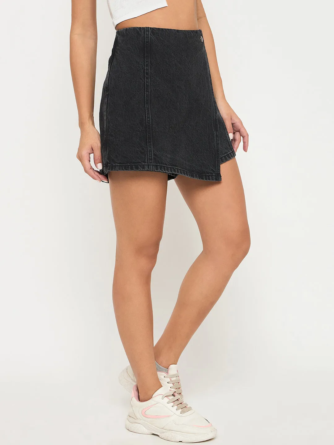 Stretch Fit Simple Top Madame Asymmetrical Wrap Built-in Shorts Black Denim Skirt