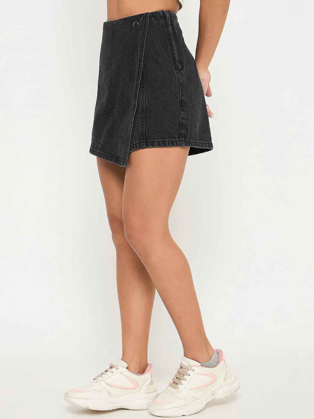 AllDayComfort Madame Asymmetrical Wrap Built-in Shorts Black Denim Skirt