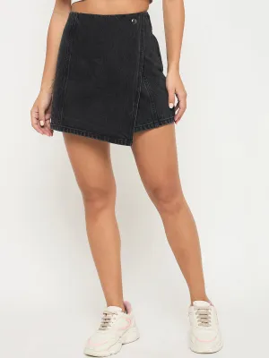 Madame Asymmetrical Wrap Built-in Shorts Black Denim Skirt Functional Jacket Star Fit