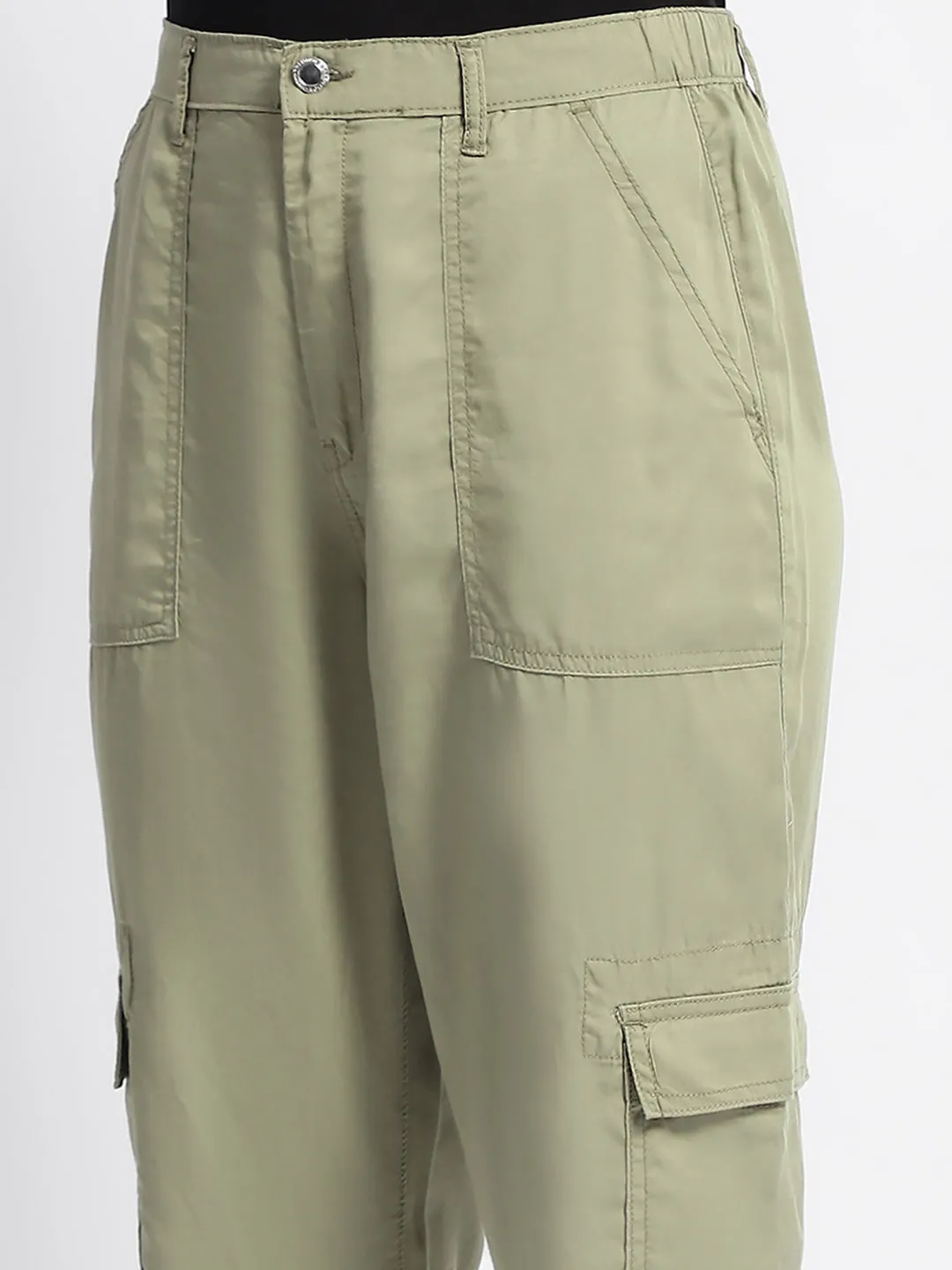 Madame Tapered Fit Olive Green Mid Rise Cargo Joggers Practical Style Anti Pilling Surface