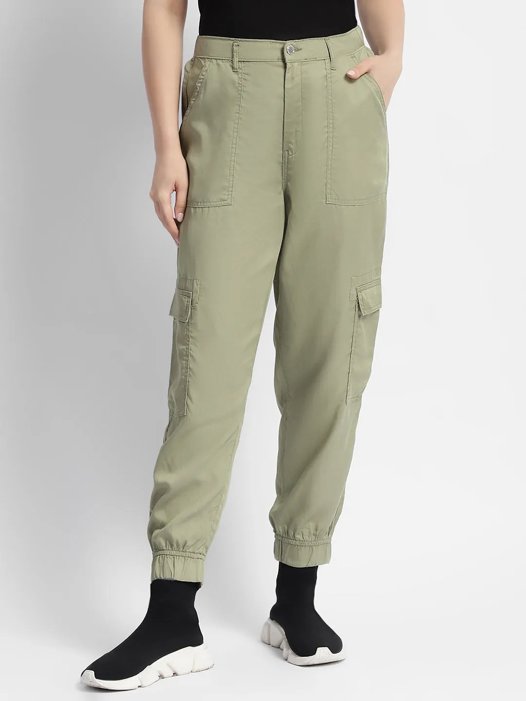 Madame Tapered Fit Olive Green Mid Rise Cargo Joggers SecureZipperClosures Quick Release Closure