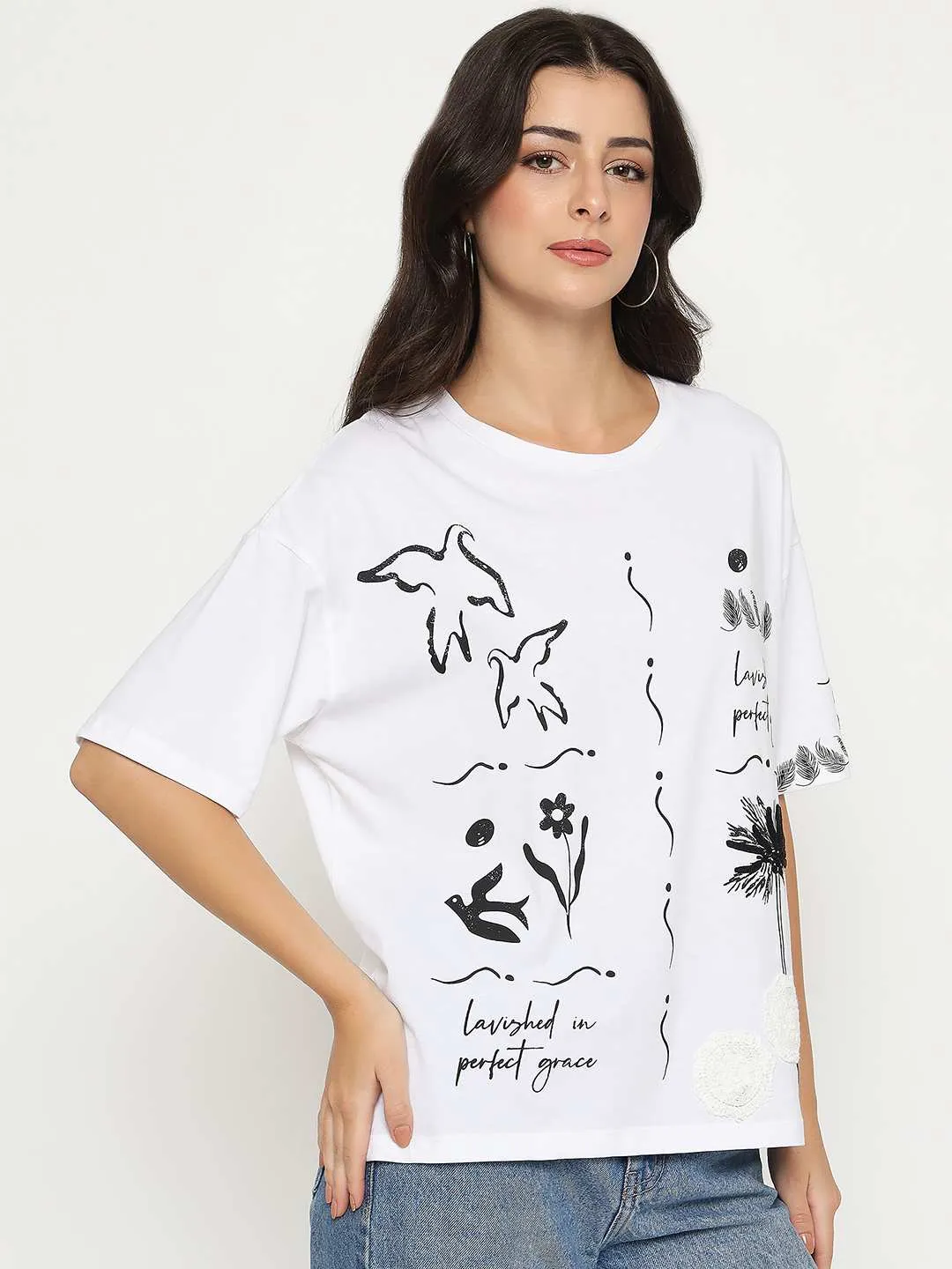 Madame Graphic Print Cotton White T-shirt Trendy Layering Chilly Wear
