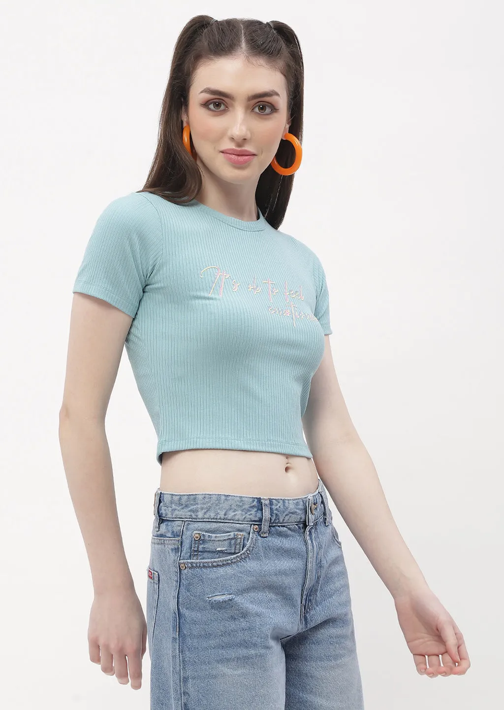 Garment Dyed Finish Cross Grain Knit Madame Typography Powder Blue Crop T-Shirt