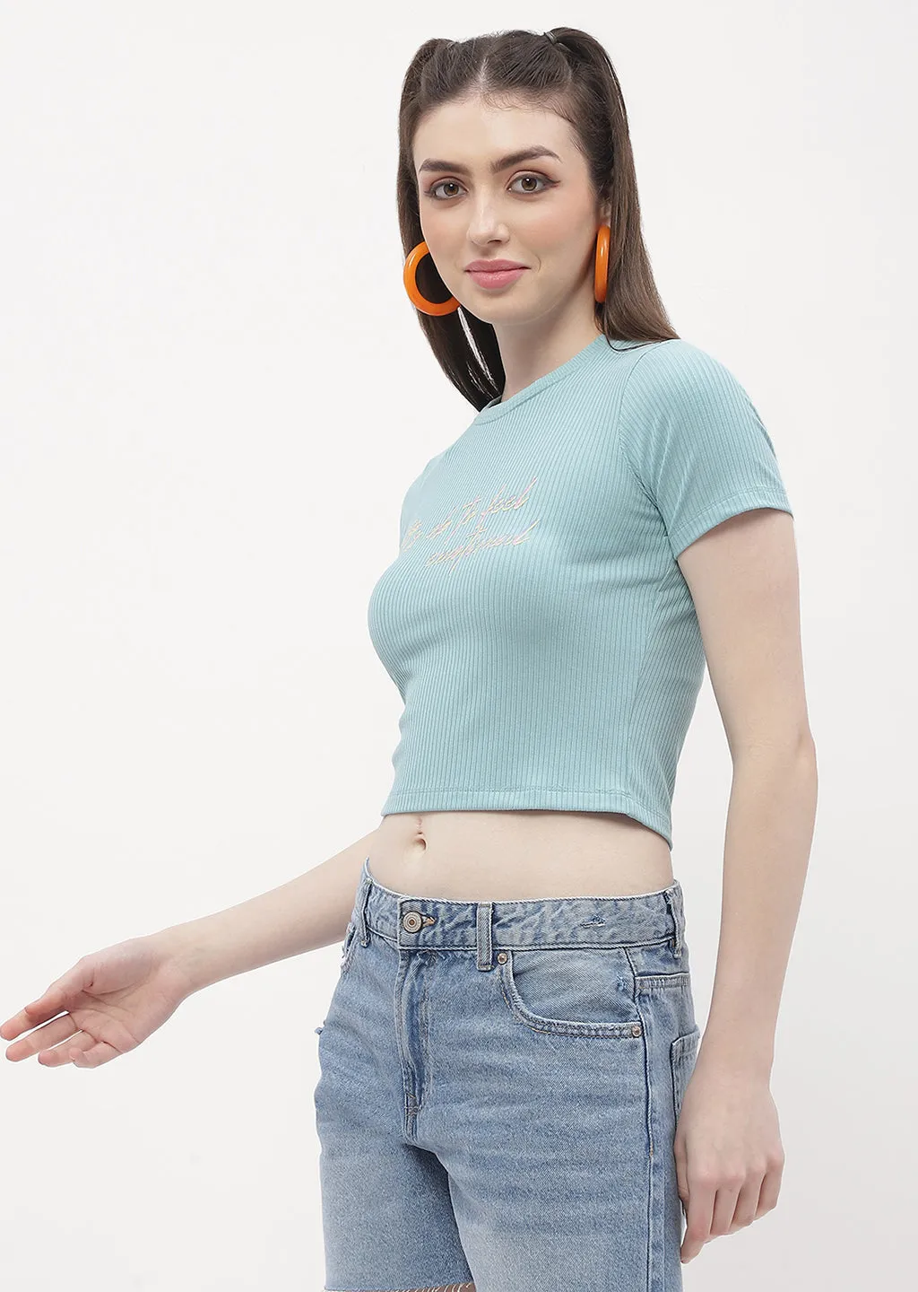 Madame Typography Powder Blue Crop T-Shirt Non Irritating Seams Non Restrictive Cut