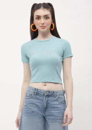 Chic Wearable sequined details Madame Typography Powder Blue Crop T-Shirt