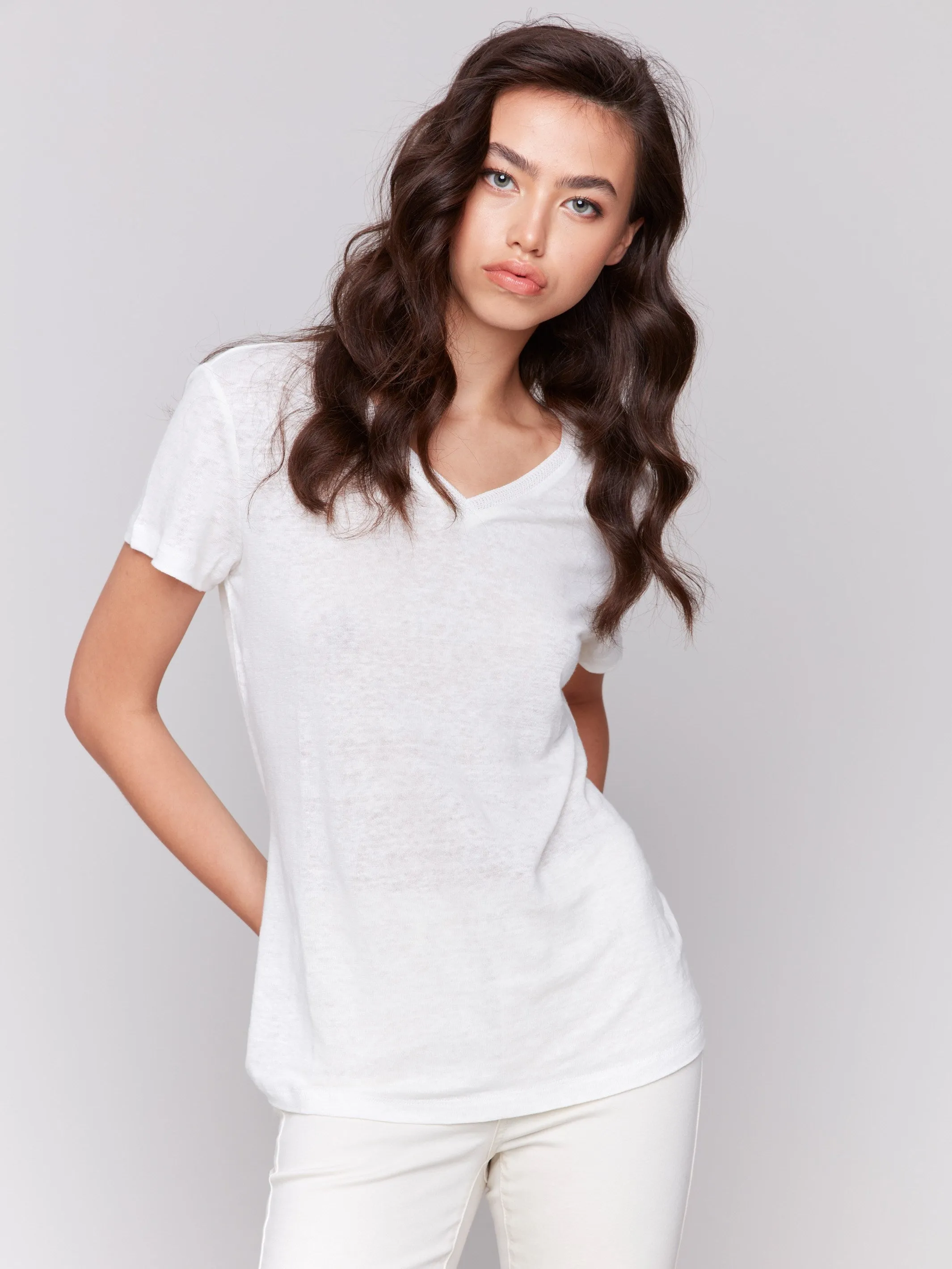 Linen Blend V-Neck T-Shirt - Natural EcoDyeProcess MultiPocketDesign