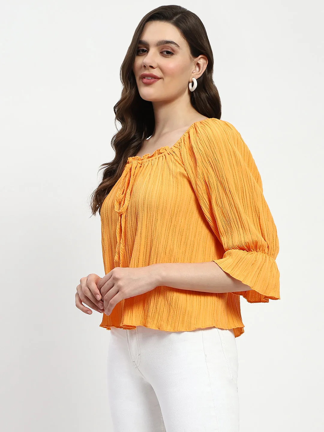 Madame Textured Cotton Blend Smocked Orange Top Light Sweatshirt