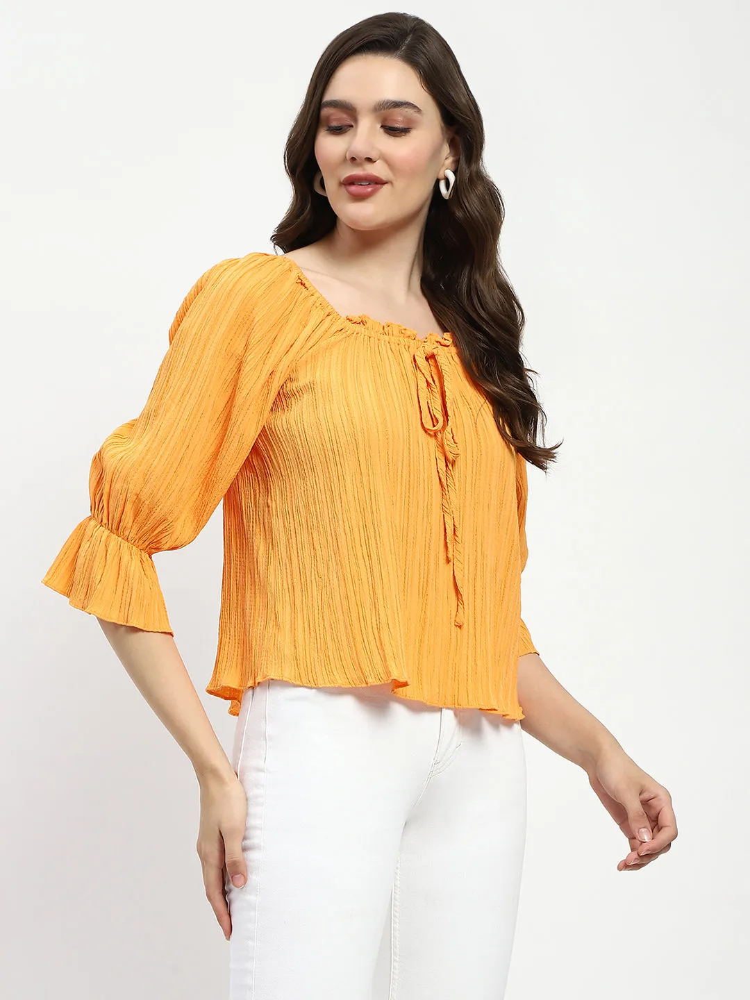 Street Fest Velvet Soul Madame Textured Cotton Blend Smocked Orange Top