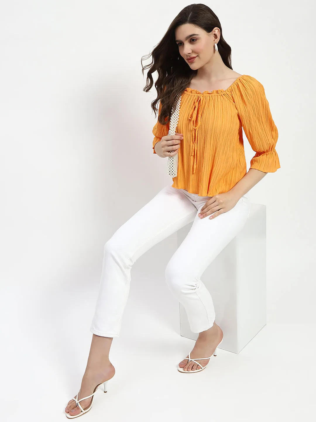 CompressionEnhanced Fit Madame Textured Cotton Blend Smocked Orange Top
