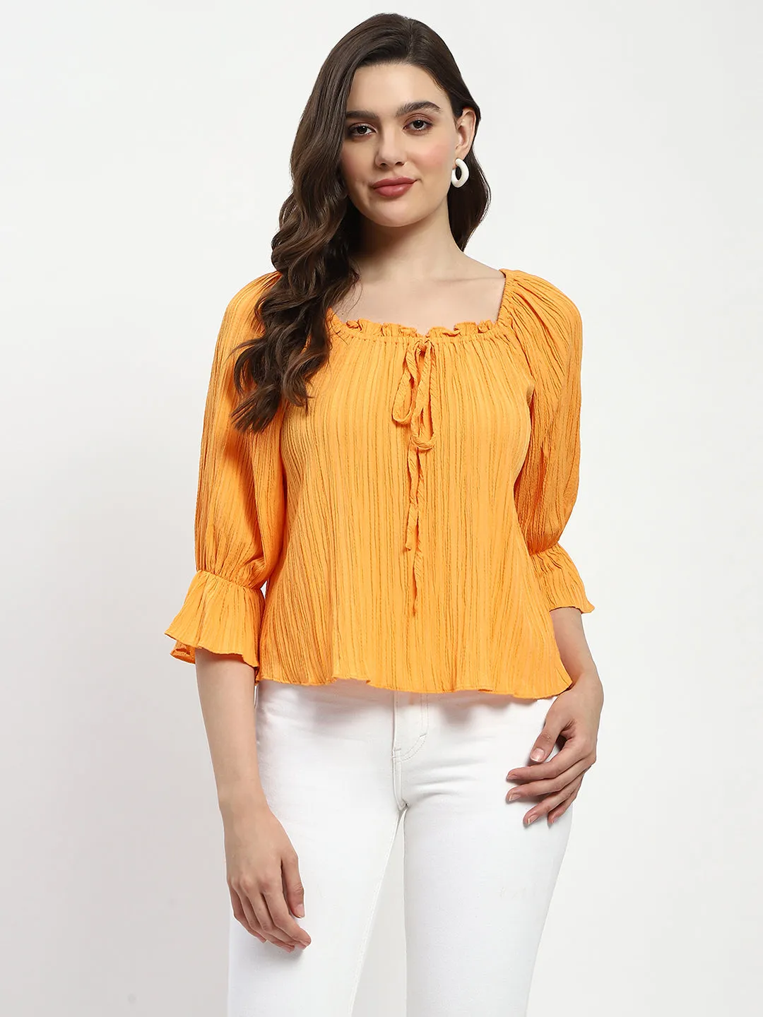 Neo Mode Light Flow Madame Textured Cotton Blend Smocked Orange Top
