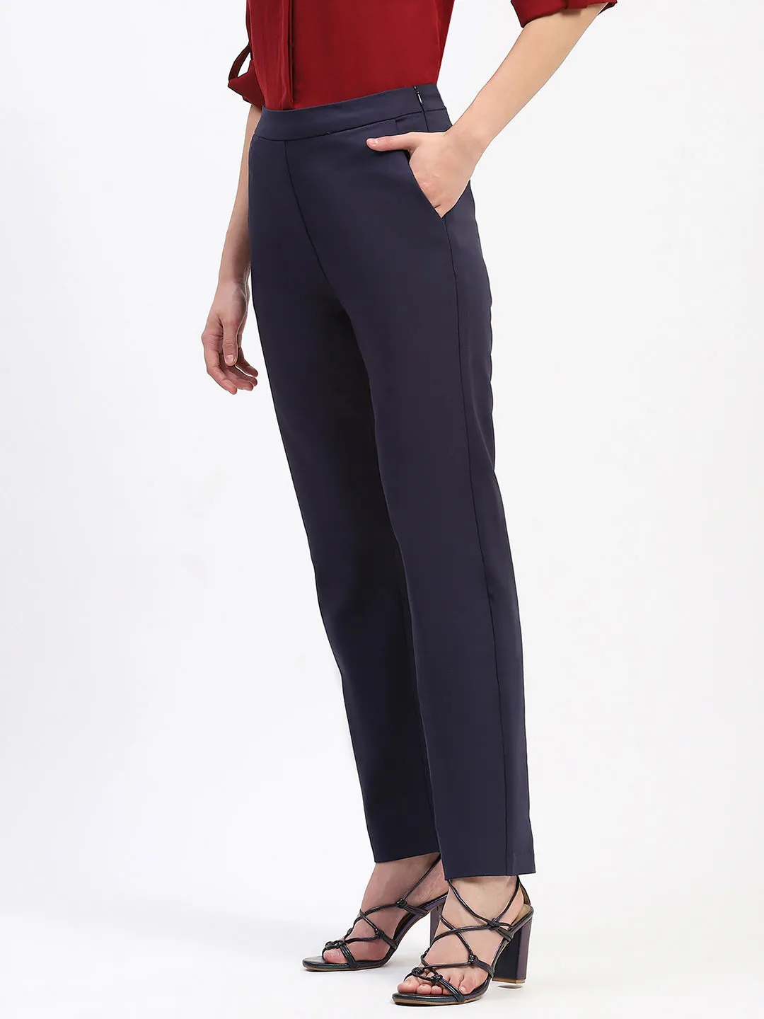 Non Restrictive Slim Design Madame Straight Fit Navy Trousers