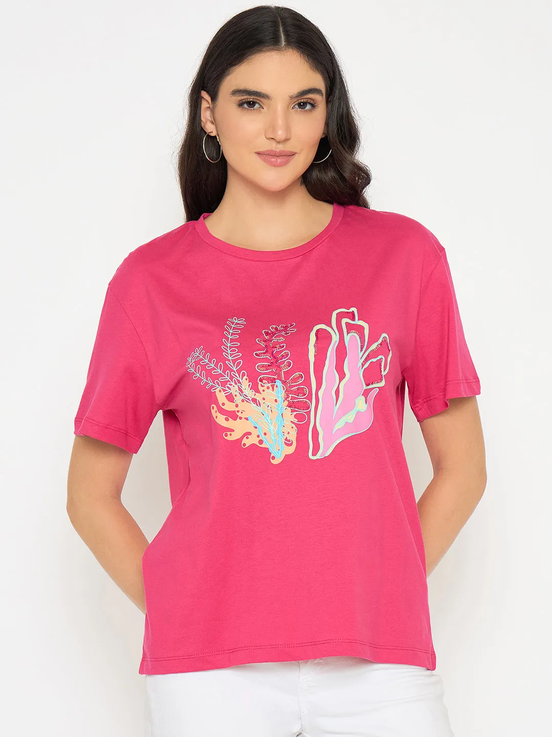 Madame Embroidered Hot Pink Cotton T-shirt stain resistant coating