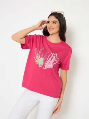 Madame Embroidered Hot Pink Cotton T-shirt Stylish Look Vintage authenticity