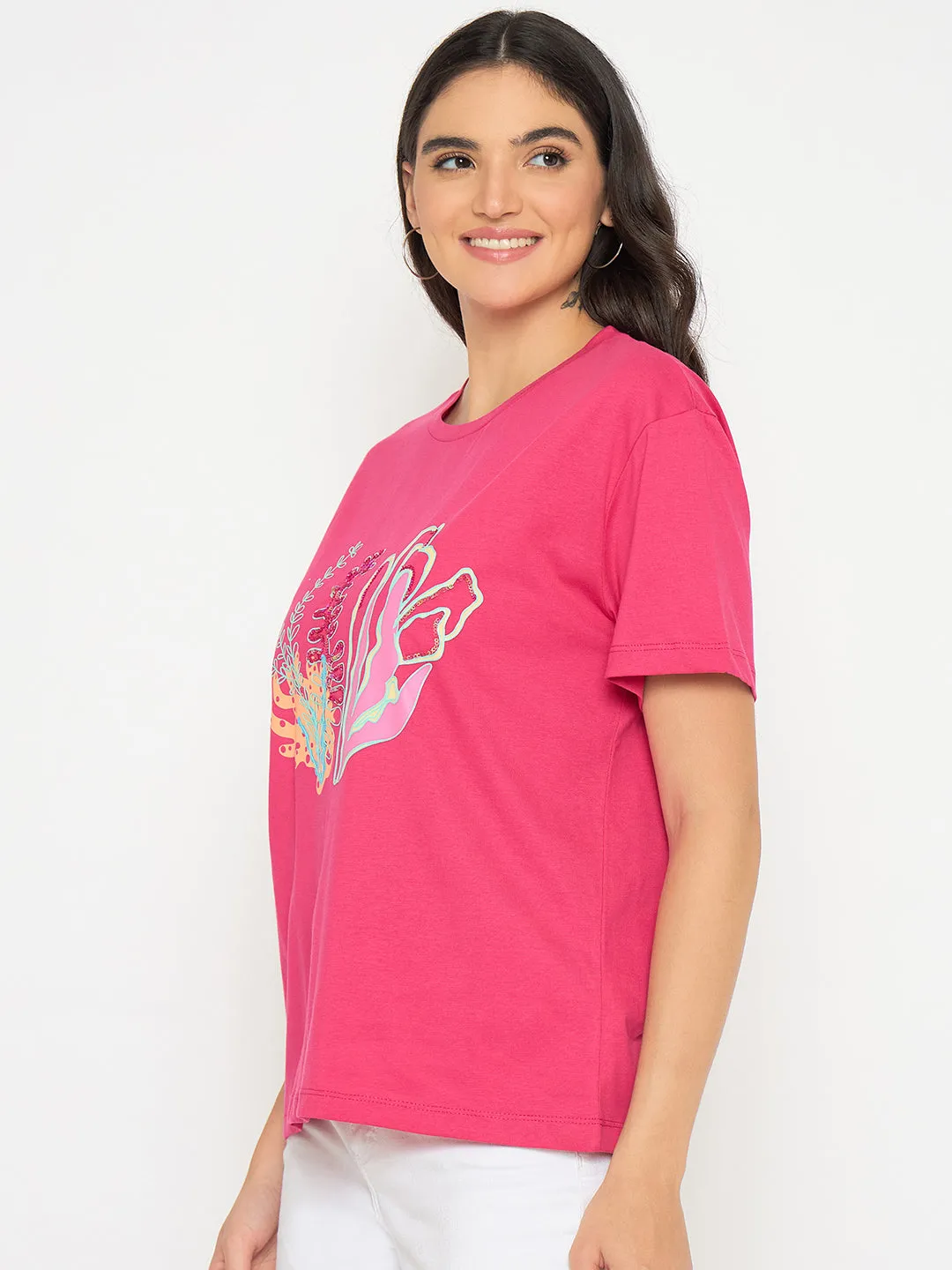 Madame Embroidered Hot Pink Cotton T-shirt No Shrink Fabric