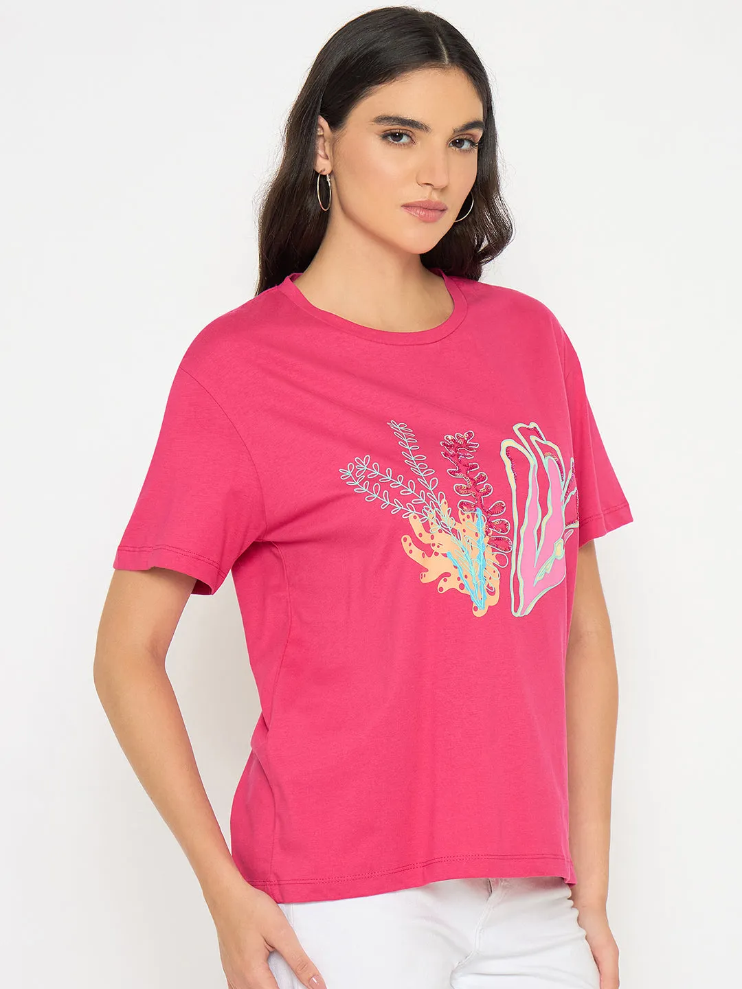Madame Embroidered Hot Pink Cotton T-shirt Seasonal Layering Sleeveless