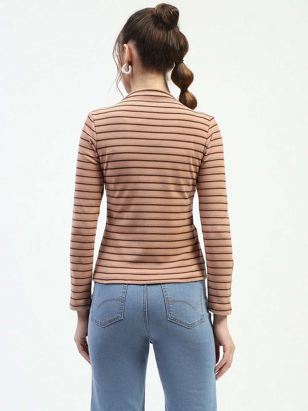 Essential Tee Code Soul Madame Mock Neck Striped Button Detailed Sleeve Brown Top