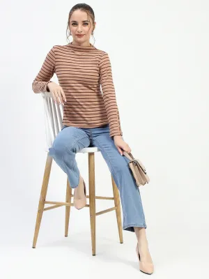 Cloud Core Madame Mock Neck Striped Button Detailed Sleeve Brown Top