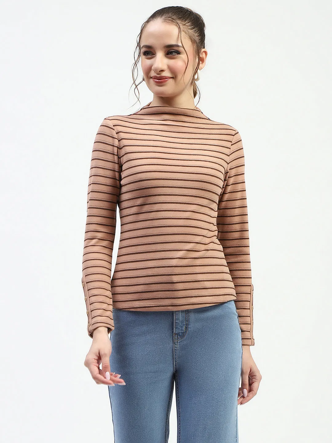 Eco-Friendly Material Madame Mock Neck Striped Button Detailed Sleeve Brown Top