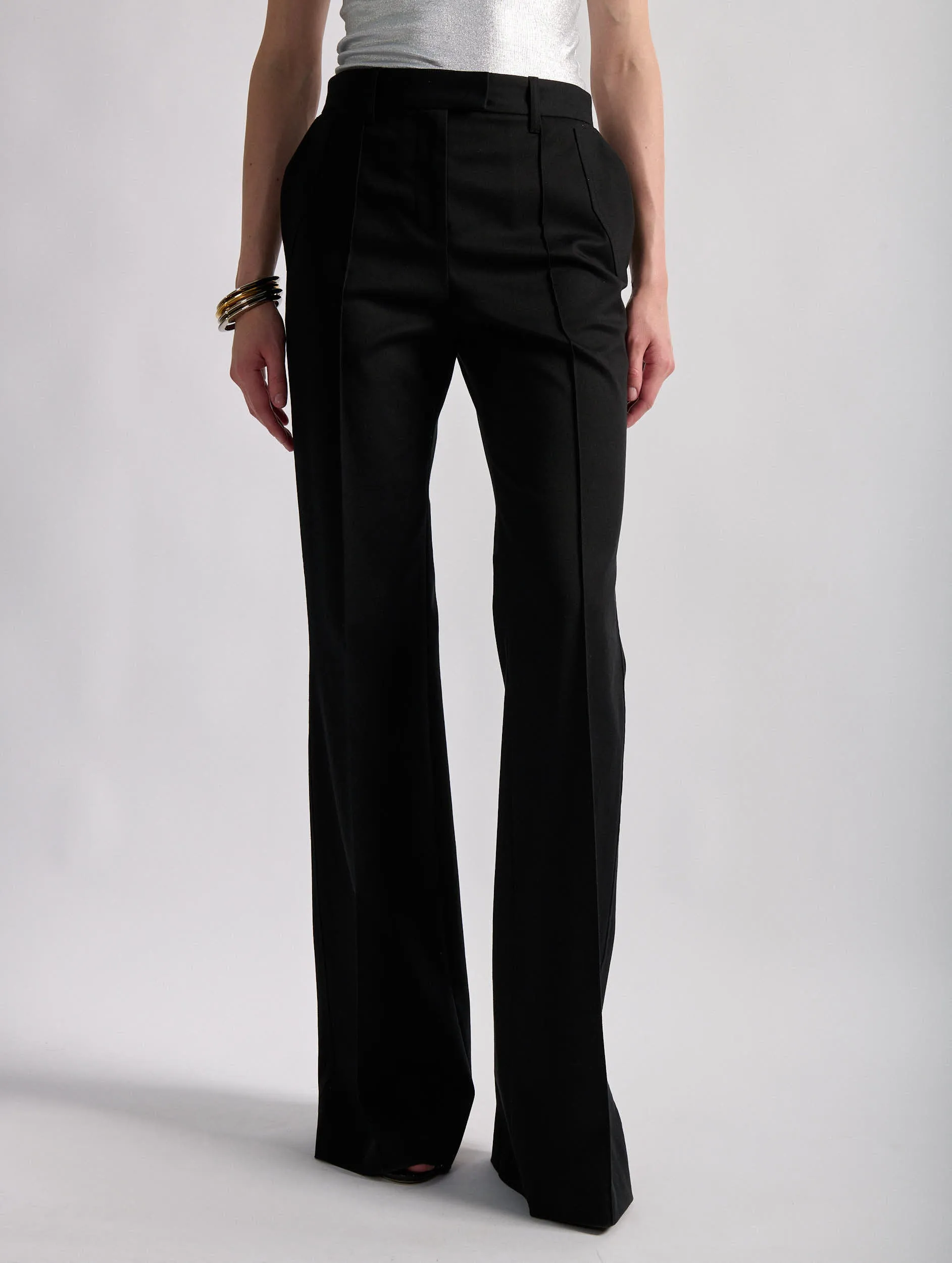Breathable Stretch Black stretch wool gabardine bootleg trousers