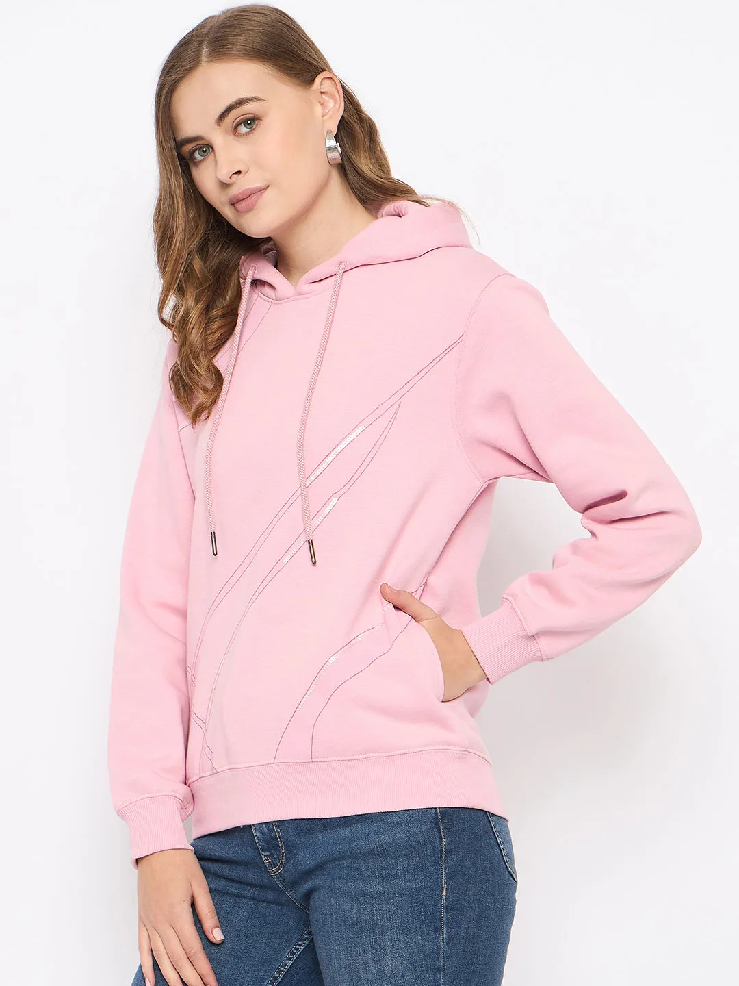 stain resistant coating Madame Cotton Blend Printed And Handwork Detailed Light Pink Sweatshirt