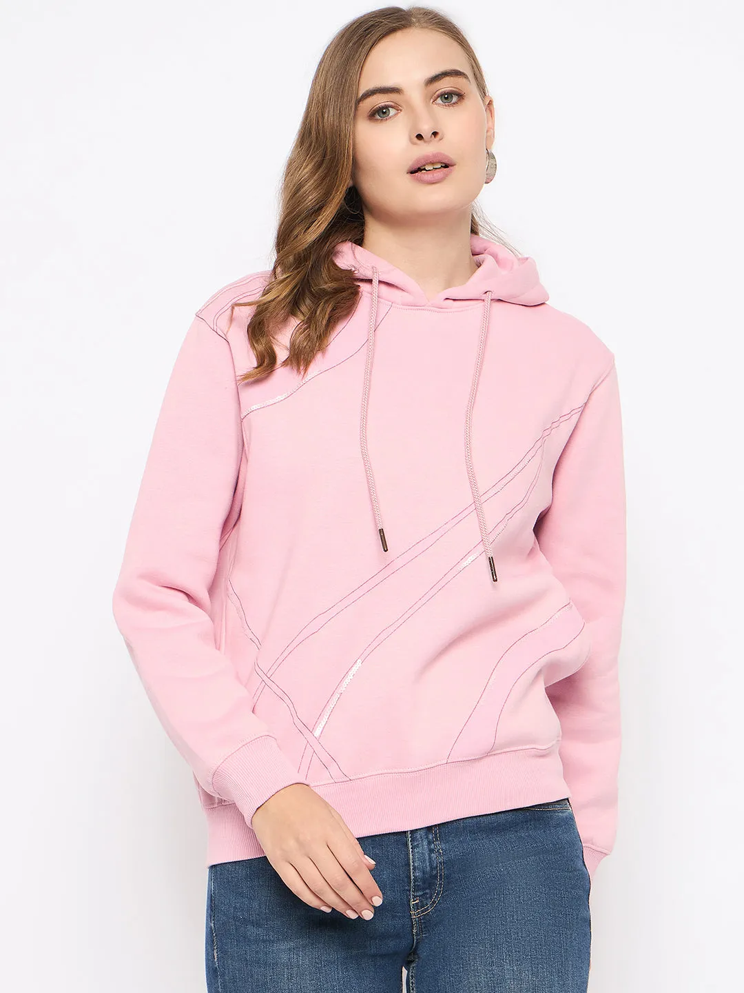 Timeless Relaxed All-Weather Comfort Madame Cotton Blend Printed And Handwork Detailed Light Pink Sweatshirt