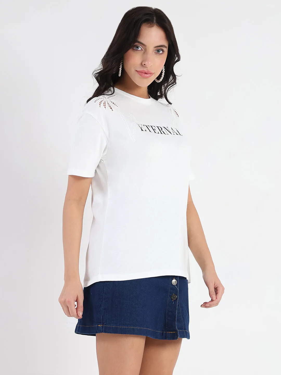 Madame Printed Embroidery Cutwork White Crop T-shirt All-Season Comfort Wear Zero Waste Production