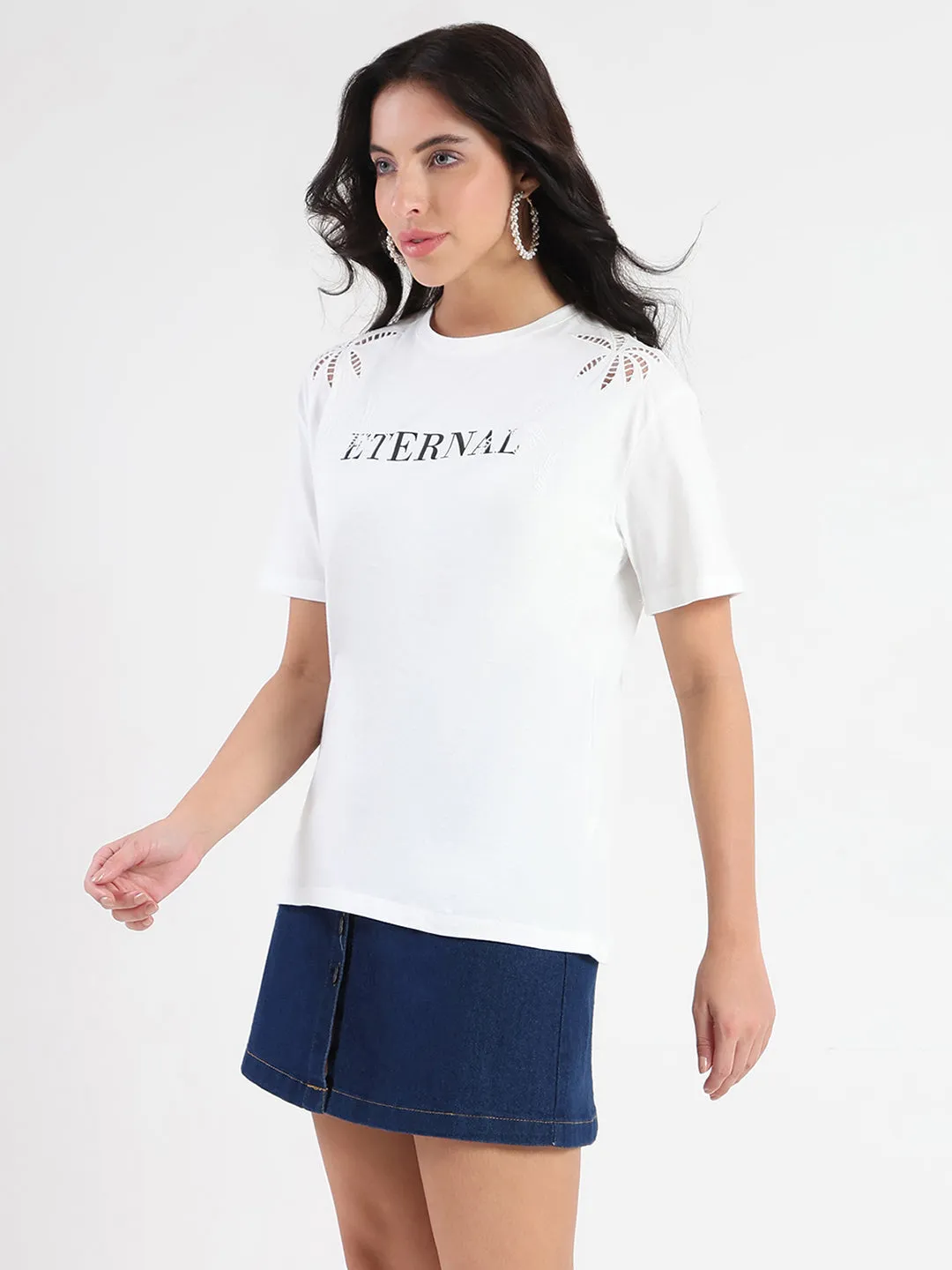 Madame Printed Embroidery Cutwork White Crop T-shirt Fashion Comfort