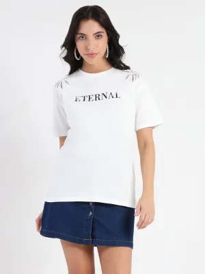 Luxurious Madame Printed Embroidery Cutwork White Crop T-shirt