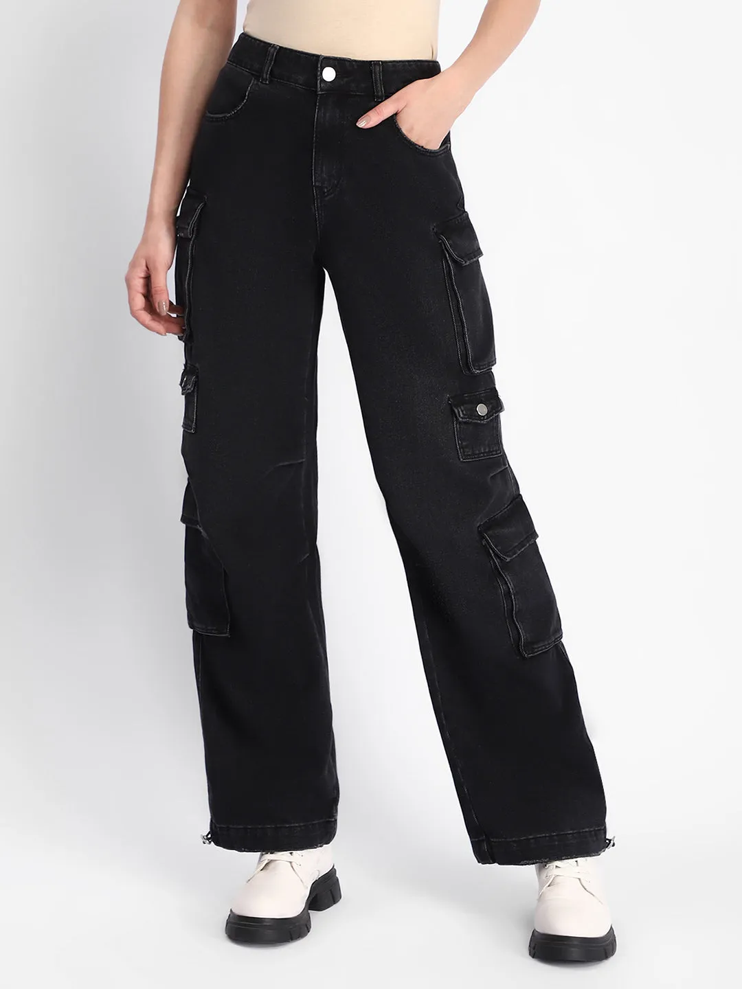 Casual Essentials Modern Relaxed Madame Multi Pocketed Charcoal Black Cotton Denim Cargo