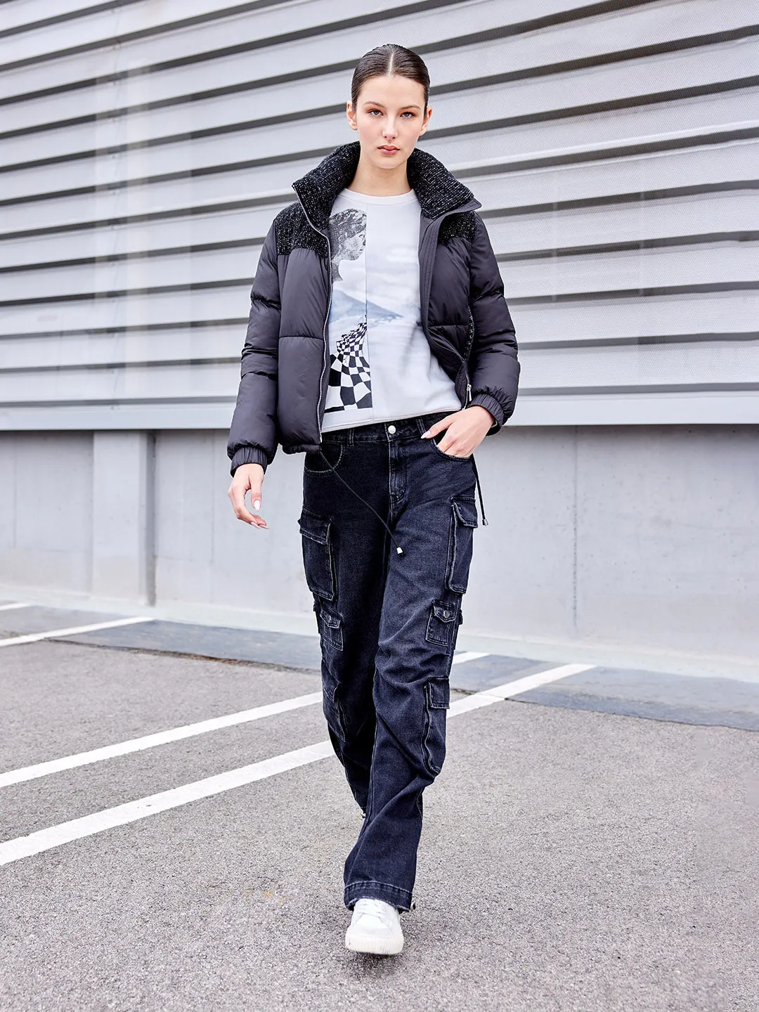 Madame Multi Pocketed Charcoal Black Cotton Denim Cargo Chic casual Performance Comfort
