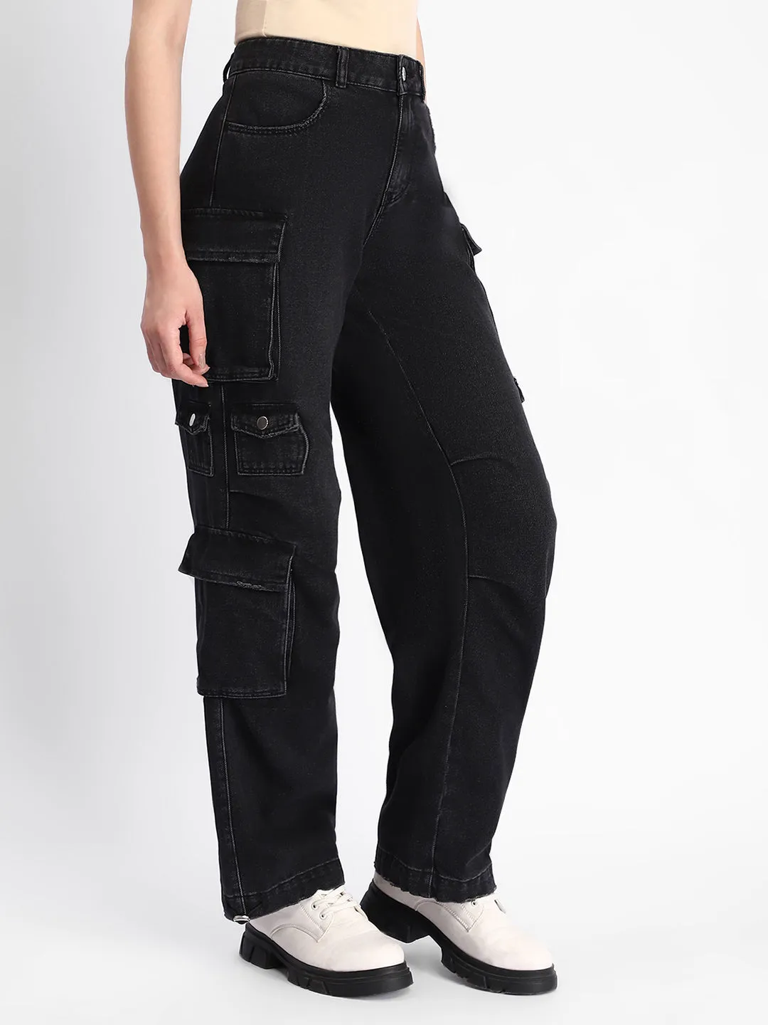 Madame Multi Pocketed Charcoal Black Cotton Denim Cargo Water resistant coating Quick Wash