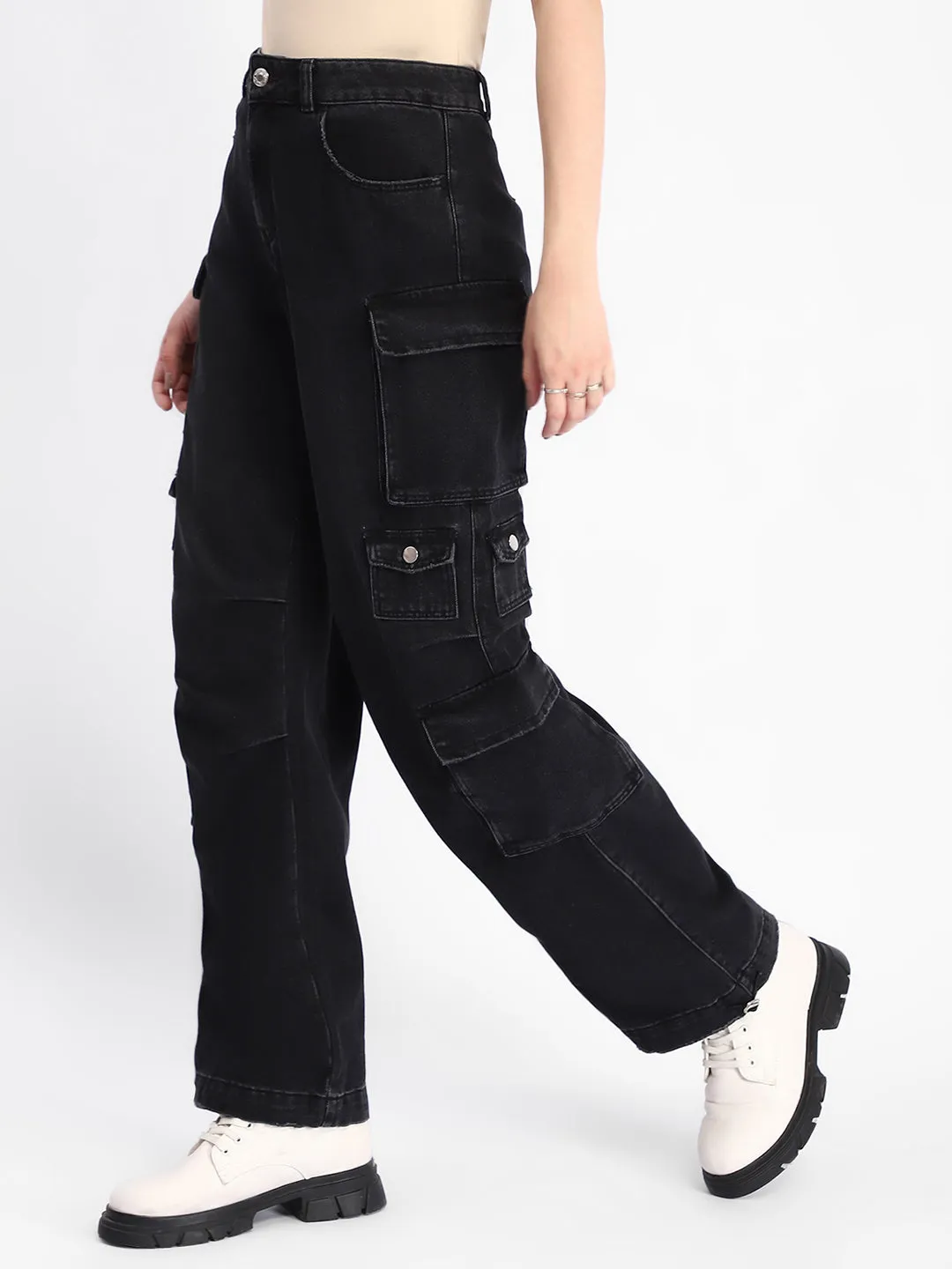 DurableBartack Madame Multi Pocketed Charcoal Black Cotton Denim Cargo