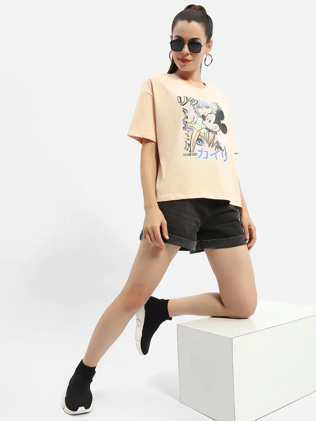 Classic Comfort Fur combination Madame Disney Mickey Mouse Peach Oversized T-Shirt