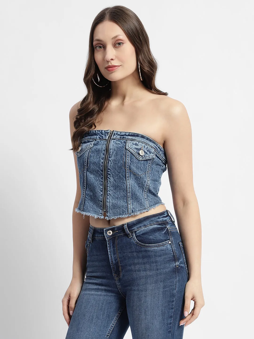 Madame Blue Front Zipper Denim Tube Top Timeless Cardigan