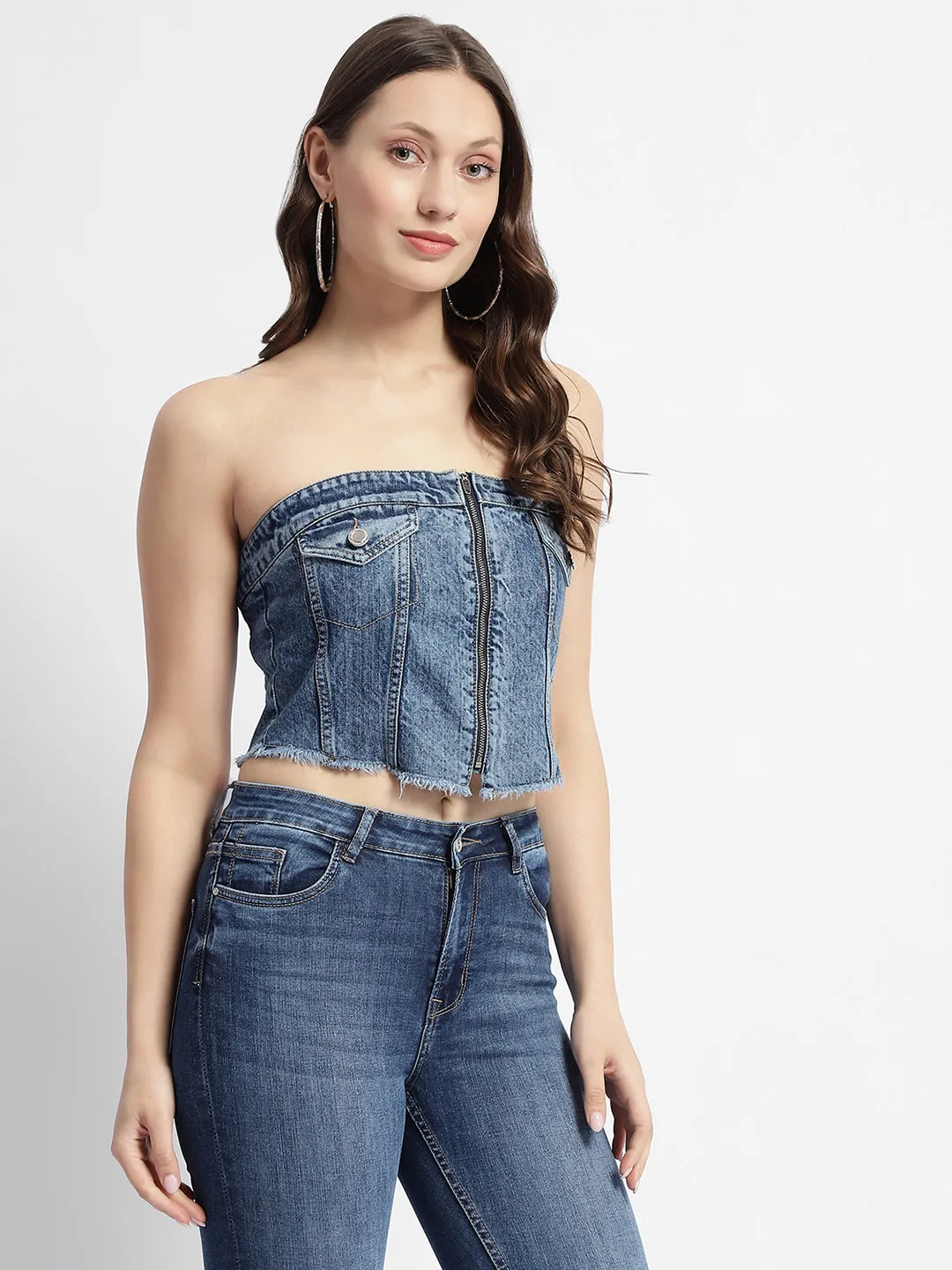 Madame Blue Front Zipper Denim Tube Top Comfort Fit Business Wear