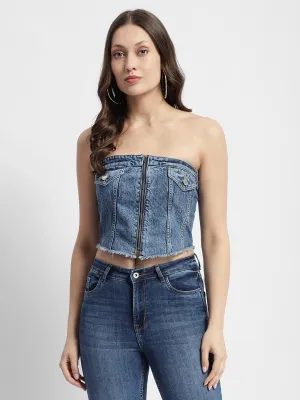 Madame Blue Front Zipper Denim Tube Top Weatherproof